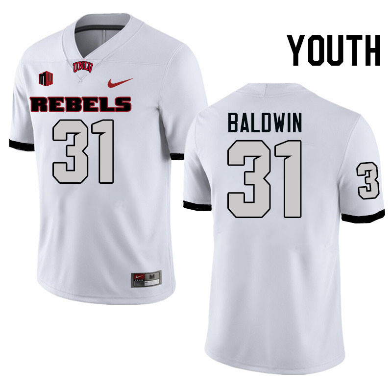 Youth #31 Jalen Baldwin UNLV Rebels College Football Jerseys Stitched-White